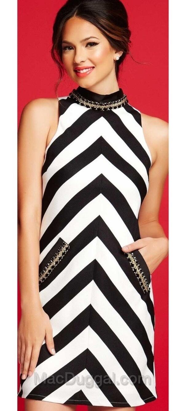 Mac Duggal Party Cocktail Sleeveless Mini Dress Womens 2 Black White Chevron
